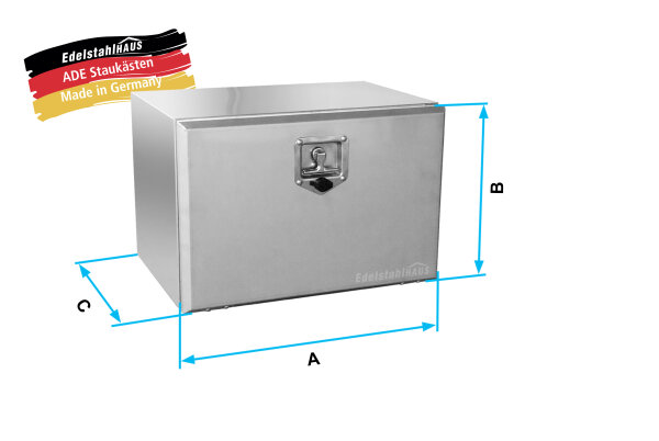 ADE Werkzeugkasten Edelstahl 600 x 360 x 500, Staukasten, Staubox, Unterflurbox, inkl. 2 x Edelstahlkette beidseitig 90&deg;