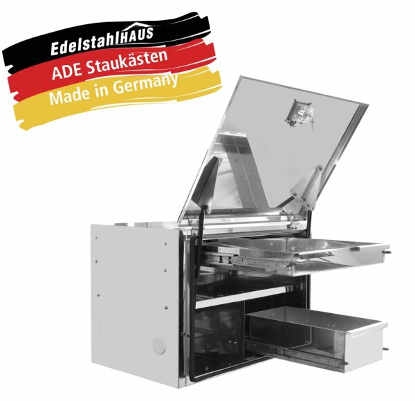 ADE Werkzeugkasten Edelstahl poliert 800 x 600 x 600 mm, Werkzeugkasten inkl. 2 Schubladen, Trennwand, Bel&uuml;ftungselement, Gasdruckfeder, Einlegeboden