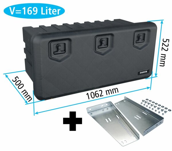 Daken A170 + inkl. Horizontaler Halter HH421, Werkzeugkasten, Stauboxen, Staukasten LKW, Unterflurbox, 1062 x 522 x 500 mm, ca. 169 Liter