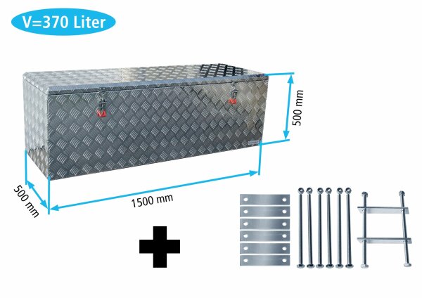 Truckbox P350 + inkl. Montagesatz MON2014 Pritschenbox,  ca. 370 Liter, Pritschenkasten, Heckbox, Riffelblech Alu, mit Gasdruckfeder