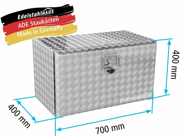 ADE Werkzeugkasten Alu Riffelblech 700 x 400 x 400 mm, Staukasten, Staubox, Unterflurbox + 2 x Edelstahlkette beidseitig 90&deg;