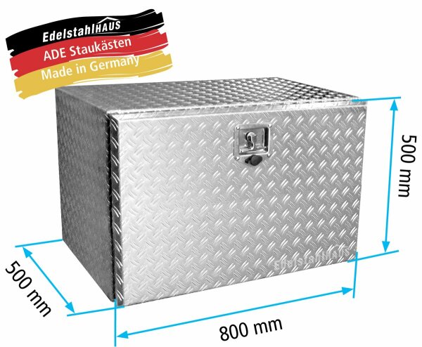 ADE Werkzeugkasten Alu Riffelblech 800 x 500 x 500 mm, Staukasten, Staubox, Unterflurbox + 2 x ADE Gasdruckfeder bis zu 130&deg;