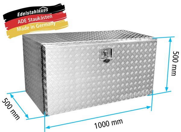 ADE Werkzeugkasten Alu Riffelblech 1000 x 500 x 500 mm, Staukasten, Staubox, Unterflurbox + 2 x Edelstahlkette beidseitig 90&deg; aush&auml;ngbar