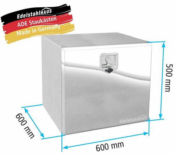 ADE Werkzeugkasten Edelstahl, Deckel poliert 600 x 500 x 600 mm, Staukasten, Staubox, Unterflurbox + 2 x ADE Gasdruckfeder bis zu 130&deg;