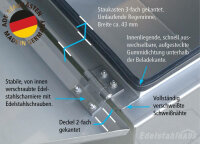 ADE Werkzeugkasten Edelstahl, Deckel poliert 600 x 500 x 600 mm, Staukasten, Staubox, Unterflurbox + 2 x ADE Gasdruckfeder bis zu 130&deg;