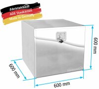 ADE Werkzeugkasten Edelstahl, Deckel poliert 600 x 600 x 600 mm, Staukasten, Staubox, Unterflurbox + 2 x Edelstahlkette beidseitig 90&deg; aush&auml;ngbar