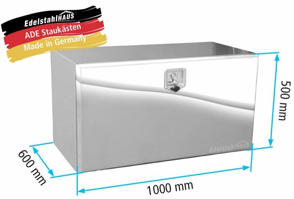 ADE Werkzeugkasten Edelstahl, Deckel poliert 1000 x 500 x 600 mm, Staukasten, Staubox, Unterflurbox + 2 x ADE Gasdruckfeder bis zu 130&deg;